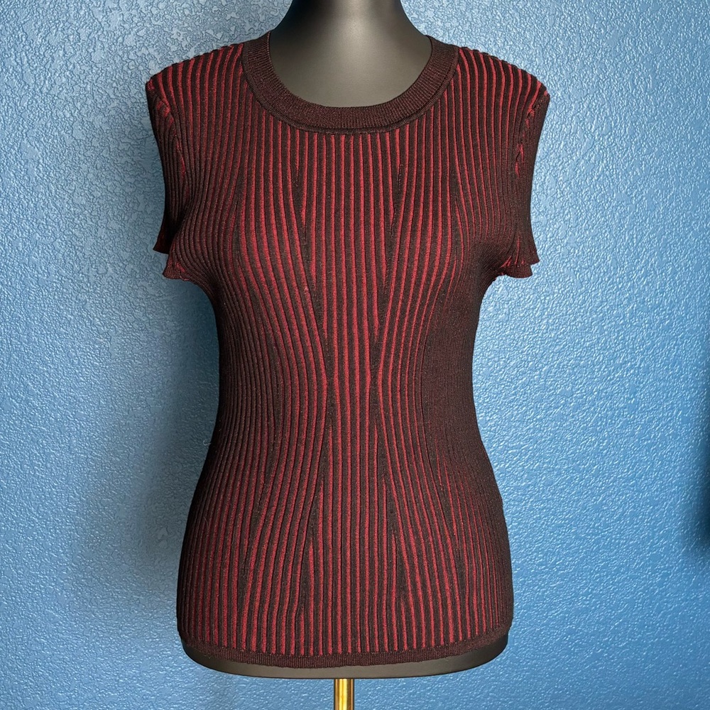 DKNY Black and Red Striped Short Sleeve Top, Shell, form-fitted, stretch
